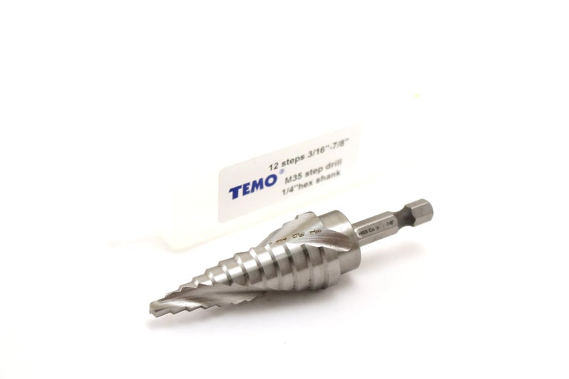 TEMO M35 Cobalt Spiral Flute Step Drill Unibit, 12 Size 3/16 Inch to 7/8 Inch, 1/4 Inch Hex Shank - Image 3